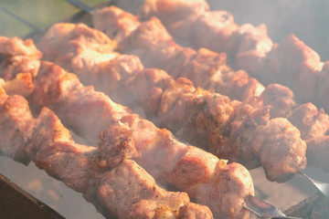 Appetizing juicy pork barbecue is roasted on skewers on top of charcoal grill. Pieces of meat close-up.