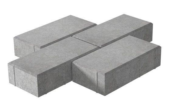 3D realistic render of three grey lock paving bricks. Isolated on white background.