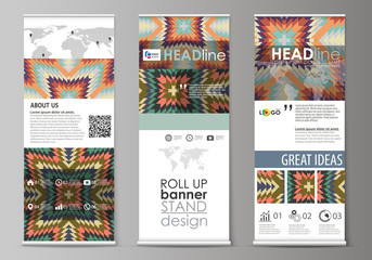 Roll up banner stands, abstract design geometric style templates, corporate vertical vector flyers, flag layouts. Tribal pattern, ornament in ethno syle, ethnic backdrop, vintage fashion background.