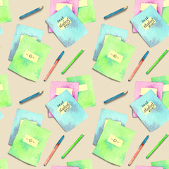 Seamless pattern made of watercolor painted school accessories on beige background.