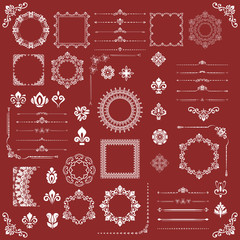 Vintage set of vector horizontal, square and round elements. White elements for frames, cards, menus, backgrounds and monograms. Classic red and white patterns. Set of vintage patterns