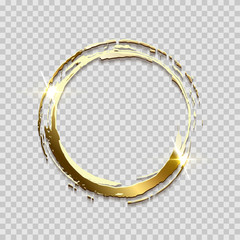 Sparkling golden ring frame made on brush stroke isolated on transparent background. Vector design element.