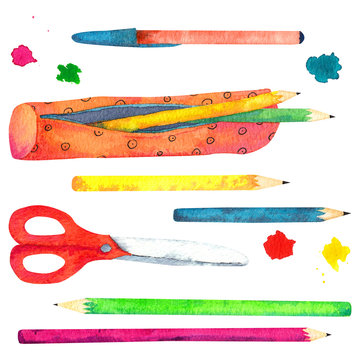 Set of watercolor painted school accessories on white background.