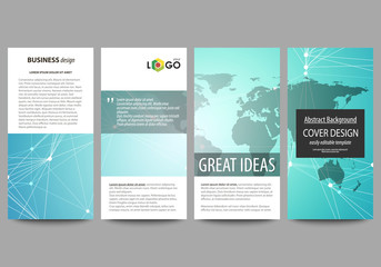 The minimalistic abstract vector illustration of editable layout of four modern vertical banners, flyers design business templates. Molecule structure, connecting lines and dots. Technology concept.