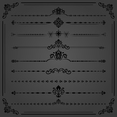Vintage set of vector decorative elements. Horizontal separators in the frame. Collection of different ornaments. Classic dark patterns. Set of vintage patterns