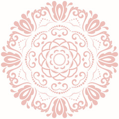 Oriental vector pattern with arabesques and floral elements. Traditional classic round pink ornament. Vintage pattern with arabesques