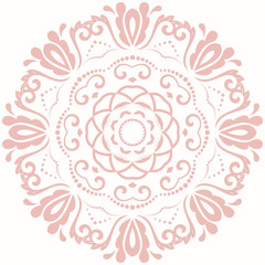 Oriental vector pattern with arabesques and floral elements. Traditional classic round pink ornament. Vintage pattern with arabesques