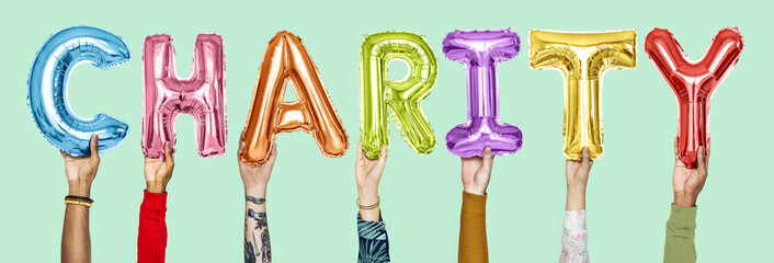 Colorful alphabet balloons forming the word charity