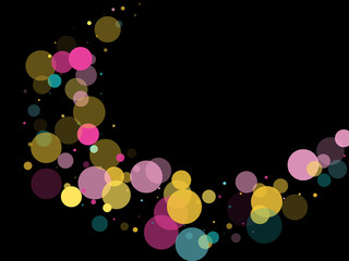 Memphis round confetti festive background in cyan blue, pink and yellow. Childish pattern vector.