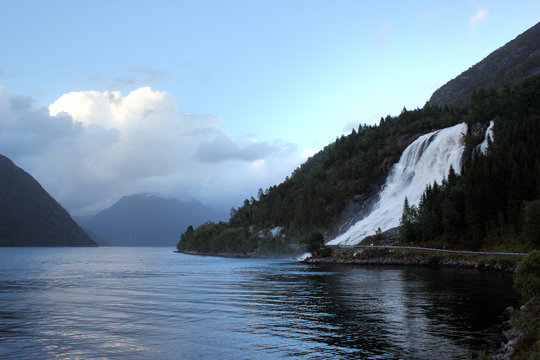 Furebergsfossen waterfall in Kvinnherad, Hordaland county, Norway