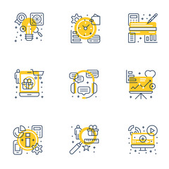 Set of 9 flat line business icons. Flat line illustration concept for web banner and printed materials. Vector illustration