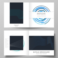 The vector illustration of the editable layout of two covers templates with simple geometric background made from dots, circles, rectangles for square design bifold brochure, magazine, flyer, booklet.