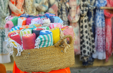 Beach towels displayed in a souvenir shop