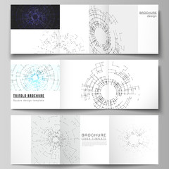 The vector layout of covers design templates for trifold square brochure or flyer. Network connection concept with connecting lines and dots. Technology design, digital geometric background.