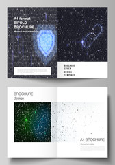 Vector layout of two A4 format modern cover mockups design templates for bifold brochure, flyer, booklet. Binary code background. AI, big data, coding or hacker concept, digital technology background.