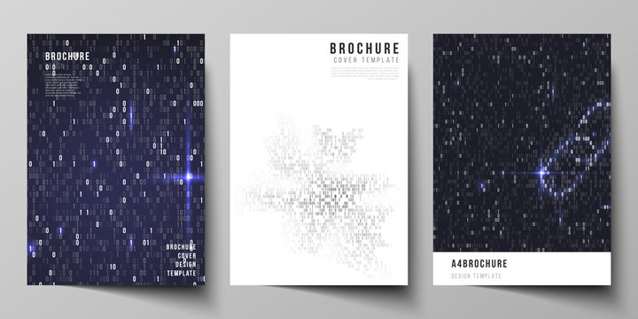 Vector layout of A4 format cover mockups design templates for brochure, magazine, flyer, booklet, report. Binary code background. AI, big data, coding or hacker concept, digital technology background