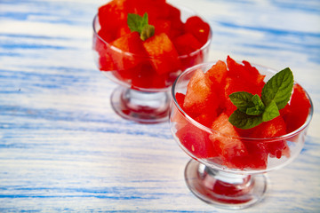 Pieces of watermelon and mint in a plate