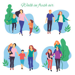 Walk in fresh air. Vector stylized illustration of active young family. Healthy lifestyle.People in the park vector flat illustration.
