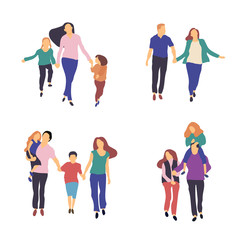 Fototapeta na wymiar Walk in fresh air. Vector stylized illustration of active young family. Healthy lifestyle.People in the park vector flat illustration.