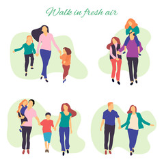 Walk in fresh air. Vector stylized illustration of active young family. Healthy lifestyle.People in the park vector flat illustration.