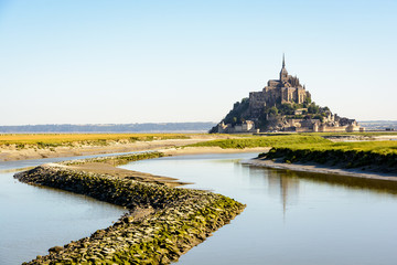 View of the Mont Saint-Michel tidal island, located in France on the limit between Normandy and...
