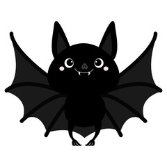 Bat flying. Cute cartoon baby character with big open wing, ears, legs. Happy Halloween. Black silhouette. Forest animal. Flat design. White background. Isolated. Greeting card.