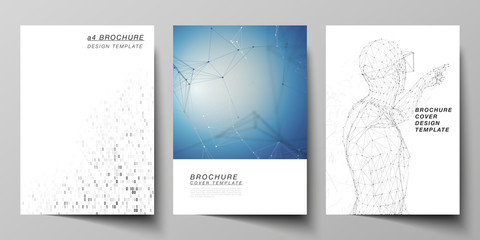 Vector layout of A4 format modern cover mockups design templates for brochure, magazine, flyer, booklet, annual report. Technology, science, future concept abstract futuristic backgrounds.