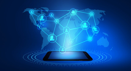 Holographic display, social communication, conceptual communication lines of contacts, additional reality, phone, close-up. Mixed media.