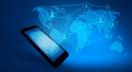 Holographic display, social communication, conceptual communication lines of contacts, additional reality, phone, close-up. Mixed media.