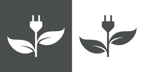 Icono plano enchufe con hojas en gris y blanco