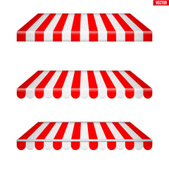 Set of rectangular fabric awnings. Solar shade screens and retractable awnings. Red strip color. Vector illustration isolated on background.