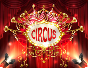 Vector background with circus signboard illuminated with spotlights and red curtains, golden trumpets, stars and ribbons. Decorative carnival banner with retro frame, billboard for announcements