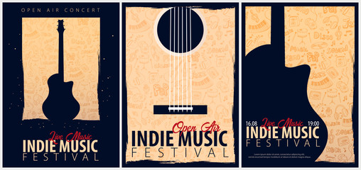 Indie Music Festival. Open Air. Set of Flyers design Template with hand-draw doodle on the background.