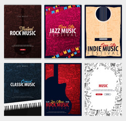 Rock, Classic, Indie, Jazz Music Festival. Open Air. Set of Flyers design Template with hand-draw doodle on the background.