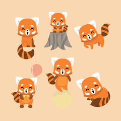 Cute red panda on pastel background. Animal cartoon design. 
