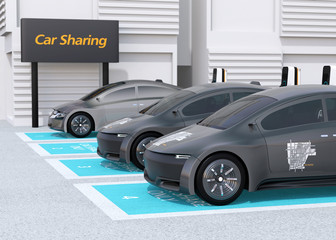 Side view of electric cars parking in car sharing only parking lot. 3D rendering image.