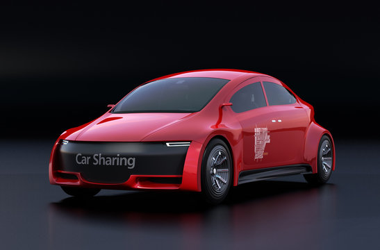 Metallic red electric car on black background. 3D rendering image.