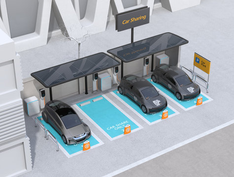 Car sharing parking lot equipped with solar panels, charging stations and batteries. 3D rendering image.