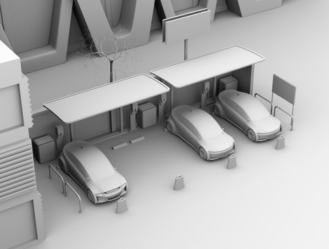 Clay shading rendering of electric cars in car sharing only parking lot. 3D rendering image.