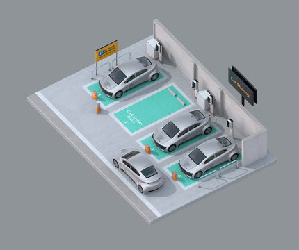 Isometric view of parking lot for car sharing business. Gray background with clipping path. 3D rendering image.