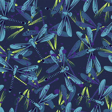 Hand drawn stylized dragonflies seamless pattern for girls, boys, clothes. Creative background with insect. Funny wallpaper for textile and fabric. Fashion style. Colorful bright
