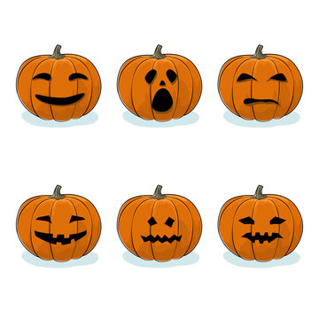Set of Pumpkins, Jack-o-Lantern on White Background, Carved Scary Pumpkins, Halloween Holiday , Vector Illustration