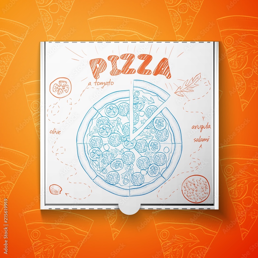 Wall mural Cardboard box with pizza salami