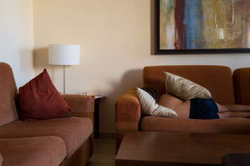 Little girl sleeping on a sofa in the living room of a house. Kid taking a nap relaxed during the afternoon.