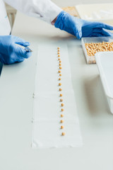 partial view of biologist putting seeds in row by tweezers at table in agrolaboratory