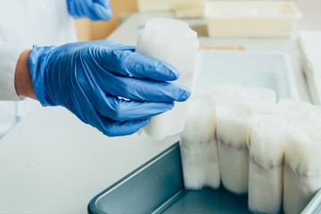 cropped image of scientist in latex gloves putting paper with seeds in modern laboratory