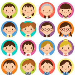 様々な学生　男女　顔　かわいい　フラット丸アイコン　セット	