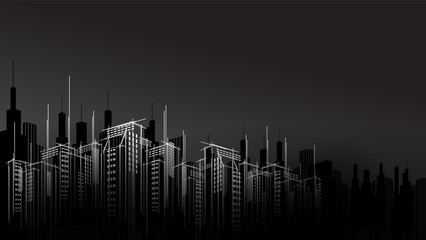 Obraz na płótnie Canvas Modern vector dark night city horizon scape sky scraper background. Architectural business building copy template black evening design.