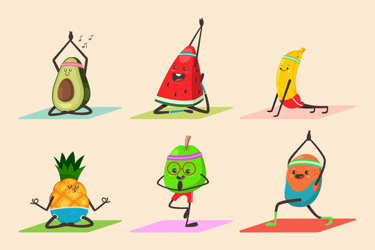 Cute fruit and vegetables doing yoga poses exercises. Funny vector cartoon food character set isolated on background. Eating healthy and fitness