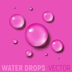 Drops of water on pink background. 3d realistic vector illustration. Realism style. Macro